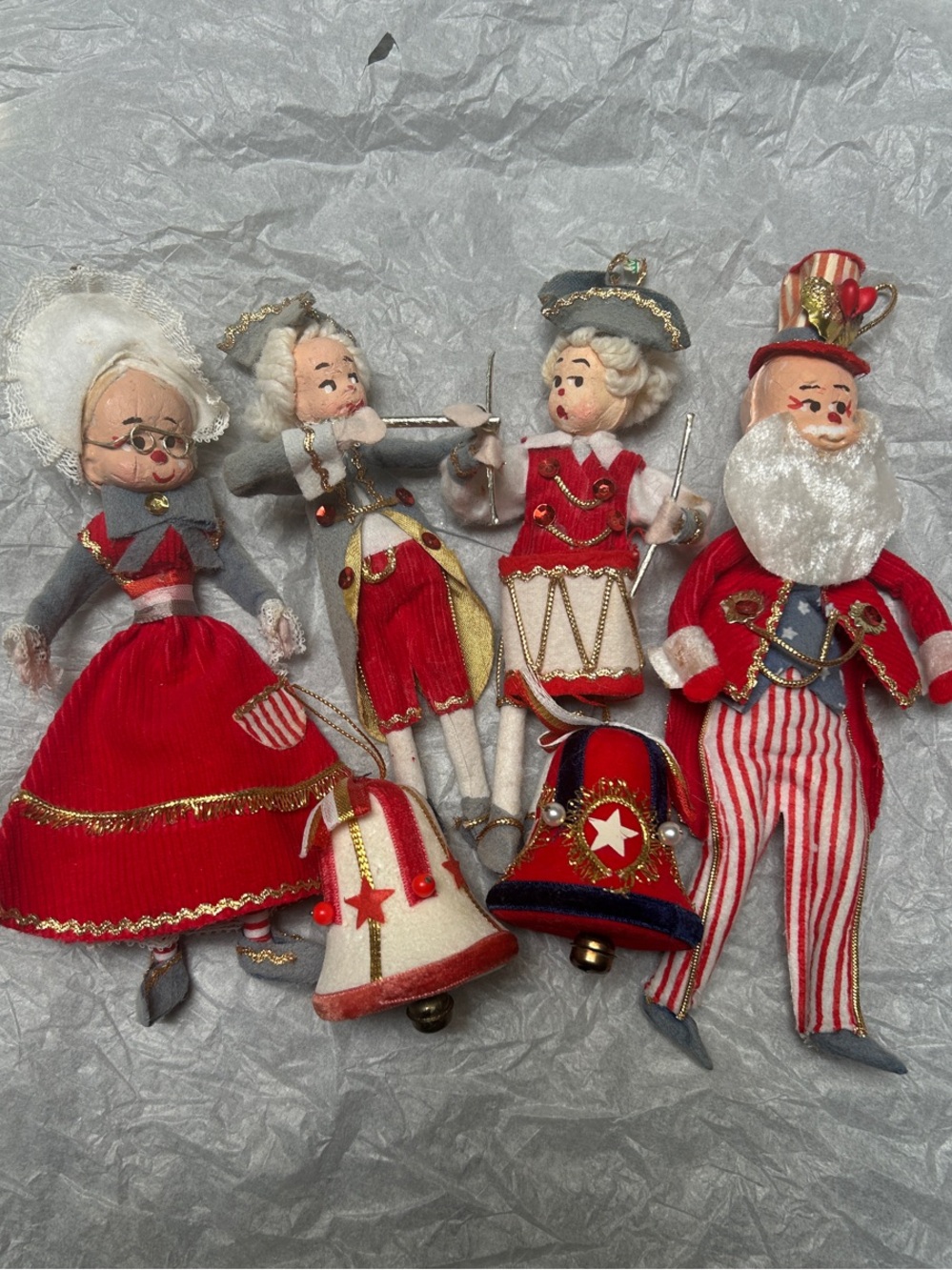 Felt knee hugger July4 Uncle Sam Betsy Ross colonial band figure ornaments bells
